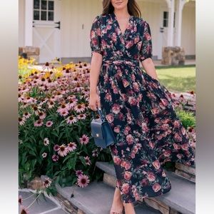 GAL MEETS GLAM Maxi Dress Plus Size 16 Floral Print Ashlynn Rosalie Chiffon Wrap